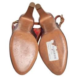 Pre Owned Etro Brown Paisley Print Coated Canvas and Leather Trim Slingback Pumps Size 37