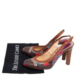 Pre Owned Etro Brown Paisley Print Coated Canvas and Leather Trim Slingback Pumps Size 37