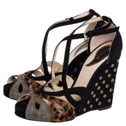 Pre Owned Etro Multicolor Suede And Pony hair Wedge Sandals Size 38