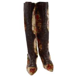Etro Multicolor Floral Print Velvet And Leather Lace Up Knee Length Boots Size 39.5