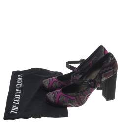 مملوكة مسبقًا حذاء كعب عالي إيترو ماري جاين قماش بروكاد أرجواني/أسود كعب سميك مقاس 38