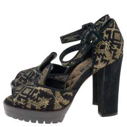 Etro Black Printed Brocade Fabric Ankle Strap Sandals Size 38