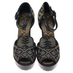 Etro Black Printed Brocade Fabric Ankle Strap Sandals Size 38