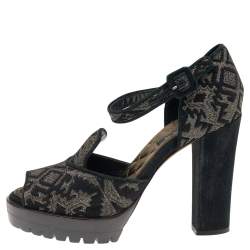 Etro Black Printed Brocade Fabric Ankle Strap Sandals Size 38