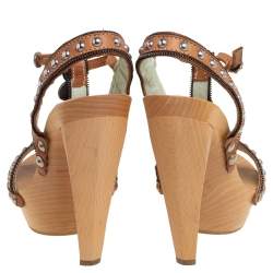 Etro Tan Leather Embellished Platform Ankle Strap Sandals Size 36 