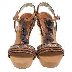 Etro Tan Leather Embellished Platform Ankle Strap Sandals Size 36 