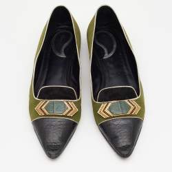 Etro Green/Black Fabric And Leather Ballet Flats Size 38