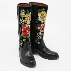 Etro Black Leather And Suede Embroidered Knee Length Boots Size 37 