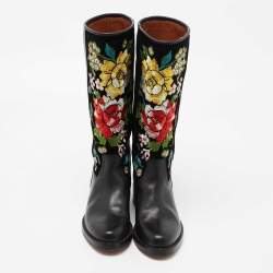 Etro Black Leather And Suede Embroidered Knee Length Boots Size 37 