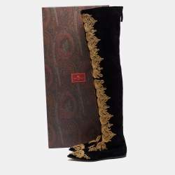 Pre Owned Etro Black Suede Paisley Embroidered Thigh-High Boots  Size 38