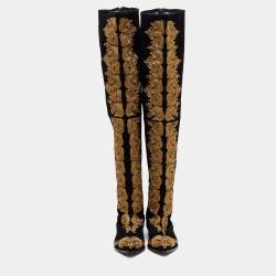 Pre Owned Etro Black Suede Paisley Embroidered Thigh-High Boots  Size 38