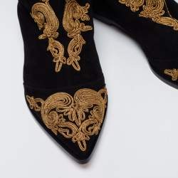 Pre Owned Etro Black Suede Paisley Embroidered Thigh-High Boots  Size 38