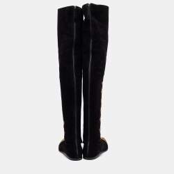 Pre Owned Etro Black Suede Paisley Embroidered Thigh-High Boots  Size 38