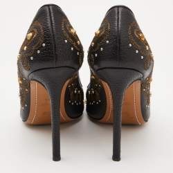 Pre Owned Etro Black Embroidered Leather Embellished Pointed Toe Pumps Size 39