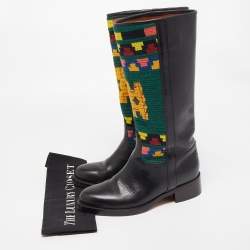 Pre Owned Etro Black/Multicolor Leather Embroidered Calf Length Boots Size 37