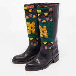 Pre Owned Etro Black/Multicolor Leather Embroidered Calf Length Boots Size 37