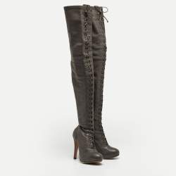 Pre Owned Etro Grey Leather Lace Up Thigh High Boots Size 39