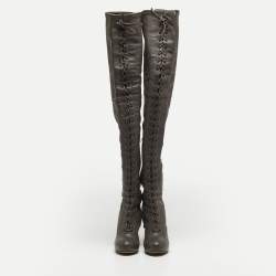 Pre Owned Etro Grey Leather Lace Up Thigh High Boots Size 39