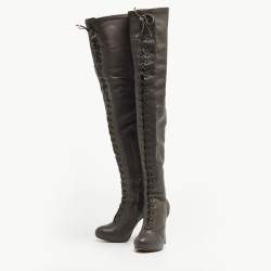 Pre Owned Etro Grey Leather Lace Up Thigh High Boots Size 39