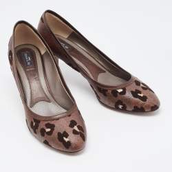 Pre Owned Etro Brown Leather and  Printed Coated Canvas Round Toe Pumps Size 41
