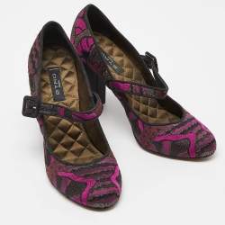 Etro Purple/Black Brocade Fabric Block Heel Pumps Size 37
