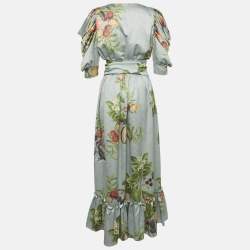 Pre Owned فستان ماكسي ساتان مطبوع باللون الأخضر المريمي يوجينيا فرنانديز صغير جدًا