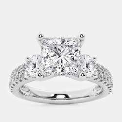 Pre Owned 14K White Gold Princess & Round Lab Grown Diamond Engagement Ring with Double Row Side Accents US 7 (3 ctw) 