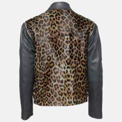 Pre Owned Faith Connexion Khaki and Navy Cheetah Print Detachable Sleeve Detail Moto Jacket XS