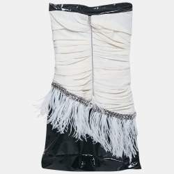 Faith Connexion Cream Silk & Contrast Faux Leather Detail Strapless Mini Dress M