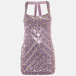 Pre Owned Farda Purple Metallic Embroidered Back Drape Detail Mini Dress XXS