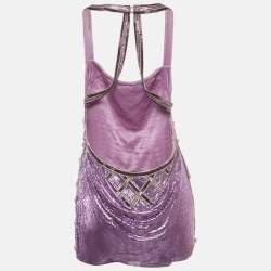 Pre Owned Farda Purple Metallic Embroidered Back Drape Detail Mini Dress XXS