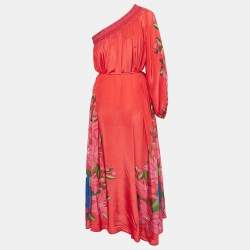 Pre Owned Farm Rio Red Floral Print Crepe Shirring One Shoulder Maxi Dress S