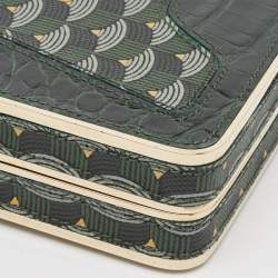 Faure Le Page Green Coated Canvas and Croc Embossed Leather Chain Clutch