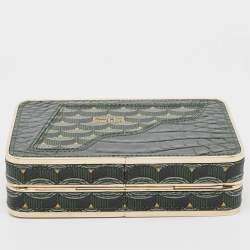 Faure Le Page Green Coated Canvas and Croc Embossed Leather Chain Clutch