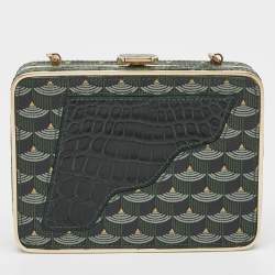 Faure Le Page Green Coated Canvas and Croc Embossed Leather Chain Clutch