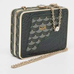 Faure Le Page Green Coated Canvas and Croc Embossed Leather Chain Clutch