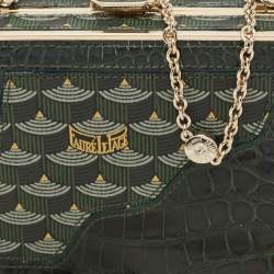 Faure Le Page Green Coated Canvas and Croc Embossed Leather Chain Clutch
