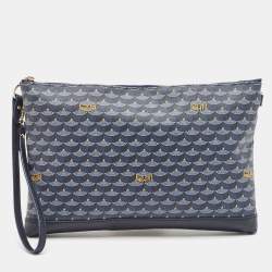 Faure Le Page Navy Blue Coated Canvas and Leather Wristlet Clutch