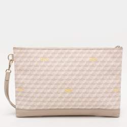 Faure Le Page Beige/Grey Coated Canvas and Leather Wristlet Pouch