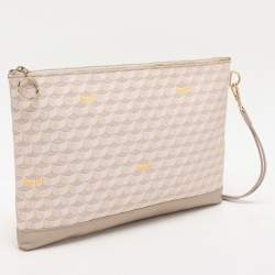 Faure Le Page Beige/Grey Coated Canvas and Leather Wristlet Pouch