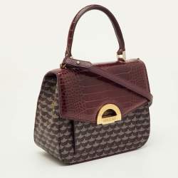 Pre Owned Faure Le Page Burgundy Coated Canvas and Croc Embossed Leather Top Handle Bag