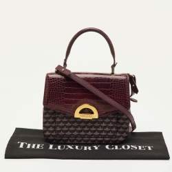 Pre Owned Faure Le Page Burgundy Coated Canvas and Croc Embossed Leather Top Handle Bag