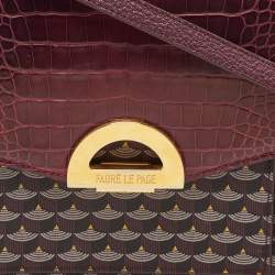Pre Owned Faure Le Page Burgundy Coated Canvas and Croc Embossed Leather Top Handle Bag