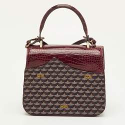 Pre Owned Faure Le Page Burgundy Coated Canvas and Croc Embossed Leather Top Handle Bag