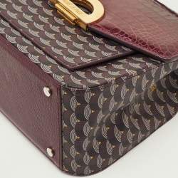 Pre Owned Faure Le Page Burgundy Coated Canvas and Croc Embossed Leather Top Handle Bag