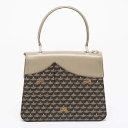 Faure Le Page Khaki Beige Coated Canvas and Leather Parade Top Handle Bag