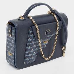 Fauré Le Page Navy Blue Leather and Coated Canvas Calibre 21 Top Handle Bag