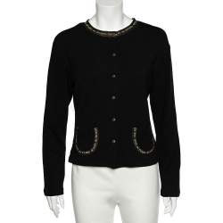Fendi Jeans Black Wool Knit Logo Trim Detail Button Front Cardigan L
