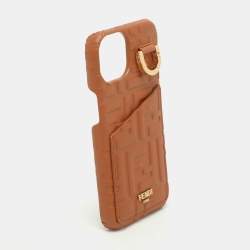 Pre Owned Fendi Brown FF Leather iPhone 14 Phone Case