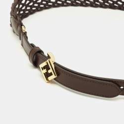 Pre Owned Fendi Buckle Belt Dark Brown Woven Leather